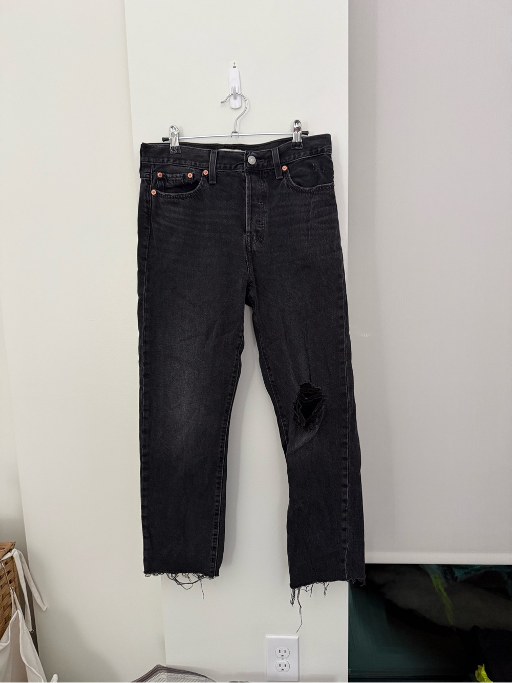 Levi's Washed Black Straight-Leg Jeans with Distressed Knee
